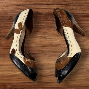 Bandalino Black & Brown Real Fur Cow Print Open Toe Heels Size 6M